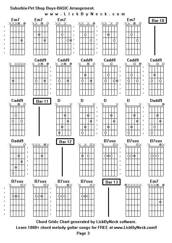 Chord Grids Chart of chord melody fingerstyle guitar song-Suburbia-Pet Shop Boys-BASIC Arrangement,generated by LickByNeck software.